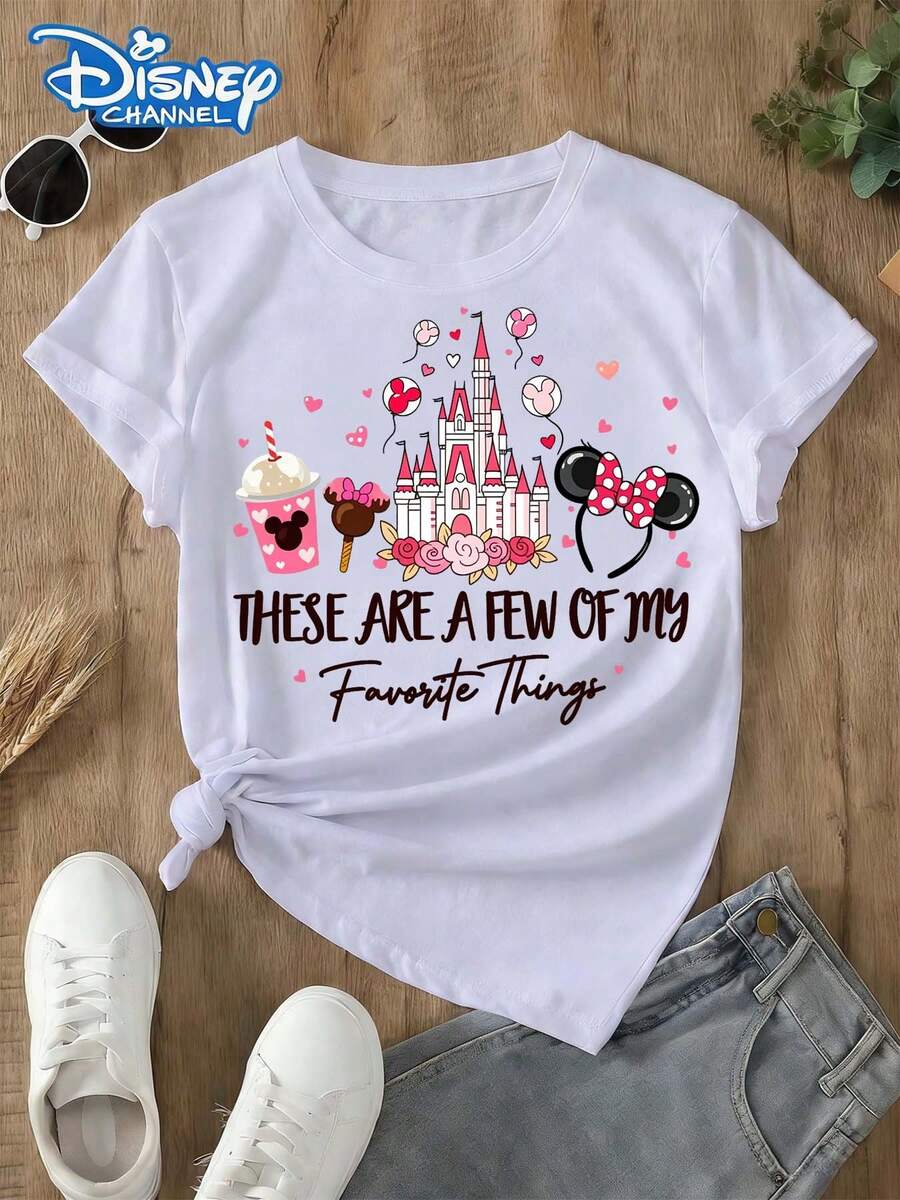 This -Licensed Women's Summer Cotton T-Shirt Features A Pink Milkshake Cup With Head Printed On The Front, Surrounded By A Castle And -Shaped Chocolate Lollipops, Creating A Lively Party Vibe. Perfect For Taking Photos At Disneyland, As A Travel Souvenir, Or For Everyday Casual Wear. As Part Of A Family Travel Set, It Also Makes An Ideal Valentine's Day Gift For Friends And Family. This New Spring Style Is Comfortable Against The Skin And Suitable For Outdoor Wear. - White - View 1