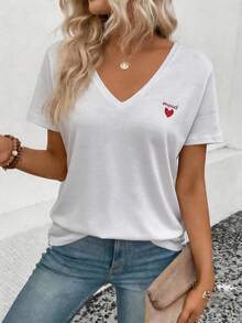 Women's Heart Embroidery Minimalist Short Sleeve T-Shirt - White - View 1