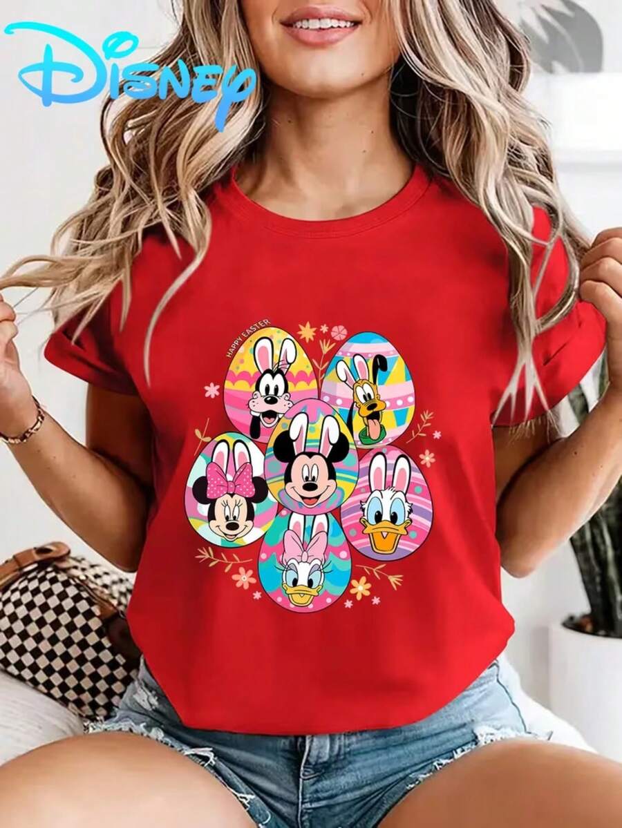 Disney Female Mickey Mouse Easter Egg Cartoon Short Sleeve T-Shirt-Amusement Park Theme Round Neck Shirt, Soft Polyester Fabric, Summer Leisure And Holiday Style, Interesting Design, Suitable For Amusement Scene Lovers, Breathable And Comfortable, Necessary For Vacation. - Red - View 1