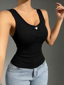 Áo camisole ôm dáng, cổ ren đen, chất liệu gân, thoải mái, mềm mại, không tay, có đệm ngực tích hợp, trang trí nơ. - màu đen - Xem 4