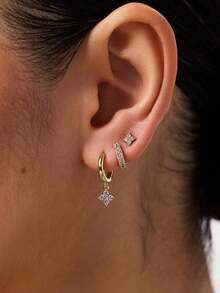 6 pièces Ensemble de pendants d'oreilles à cerceaux avec trèfle à quatre feuilles minimaliste et fleur à quatre pétales, bijoux en zircone cubique, polyvalent pour les sorties, les vacances, le port quotidien, les cadeaux de couple, les fêtes - Or jaune - Voir 2
