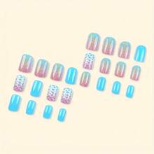24pcs Short Square Press On Nails Blue Gradual Change Style Fake Nails Glossy Artificial Finger Manicure False Nails - Chuyển sắc xanh lam - Xem 4