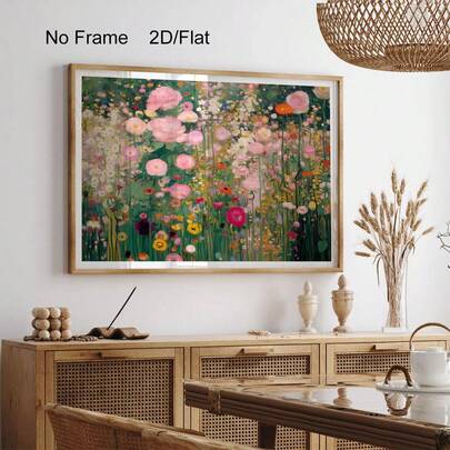 1幅花卉花园粉绿加长版墙面艺术印刷品，野花草甸印刷海报，放大艺术礼品，花卉花园景观横幅艺术印刷品，纹理植物绿色墙面装饰，无框