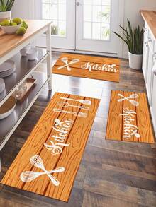 1 pieza Alfombra de cocina con estampado de cubiertos y letras, material de fibra de poliéster de estilo moderno, rectangular antideslizante y duradera, adecuada para la entrada, la cocina, la sala de estar y la decoración del dormitorio - Gris Oscuro - Ver 11