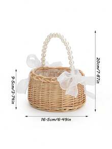 1PC Wicker Flower Girl Basket Wedding Flower Girl Basket Features Pearl Handle And Bow Fairytale Flower Basket Handwoven Easter Basket Wedding Flower Girl Wicker Basket - Pearl Rattan Flower Basket - View 2