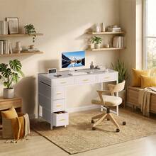 HLDIRECT Computer Desk With 6 Drawers, 47" Home Office Desk With Fabric Storage, Sturdy Steel Frame, Vintage Wood Grain Writing Table For Bedroom, Living Room, Yellow Handle, White - 白色 - 查看 2