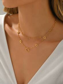 1件多层面粉叶四叶草吊坠项链，时尚串珠链项链，优雅四叶草设计项链，性感锁骨项链，适合女性日常佩戴或作为礼物赠送 - 金色 - 查看 2