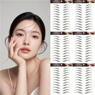 6张黑色4D仿真毛发防水眉毛临时纹身贴纸，可撕除修眉塑形，拱形款式，共66对