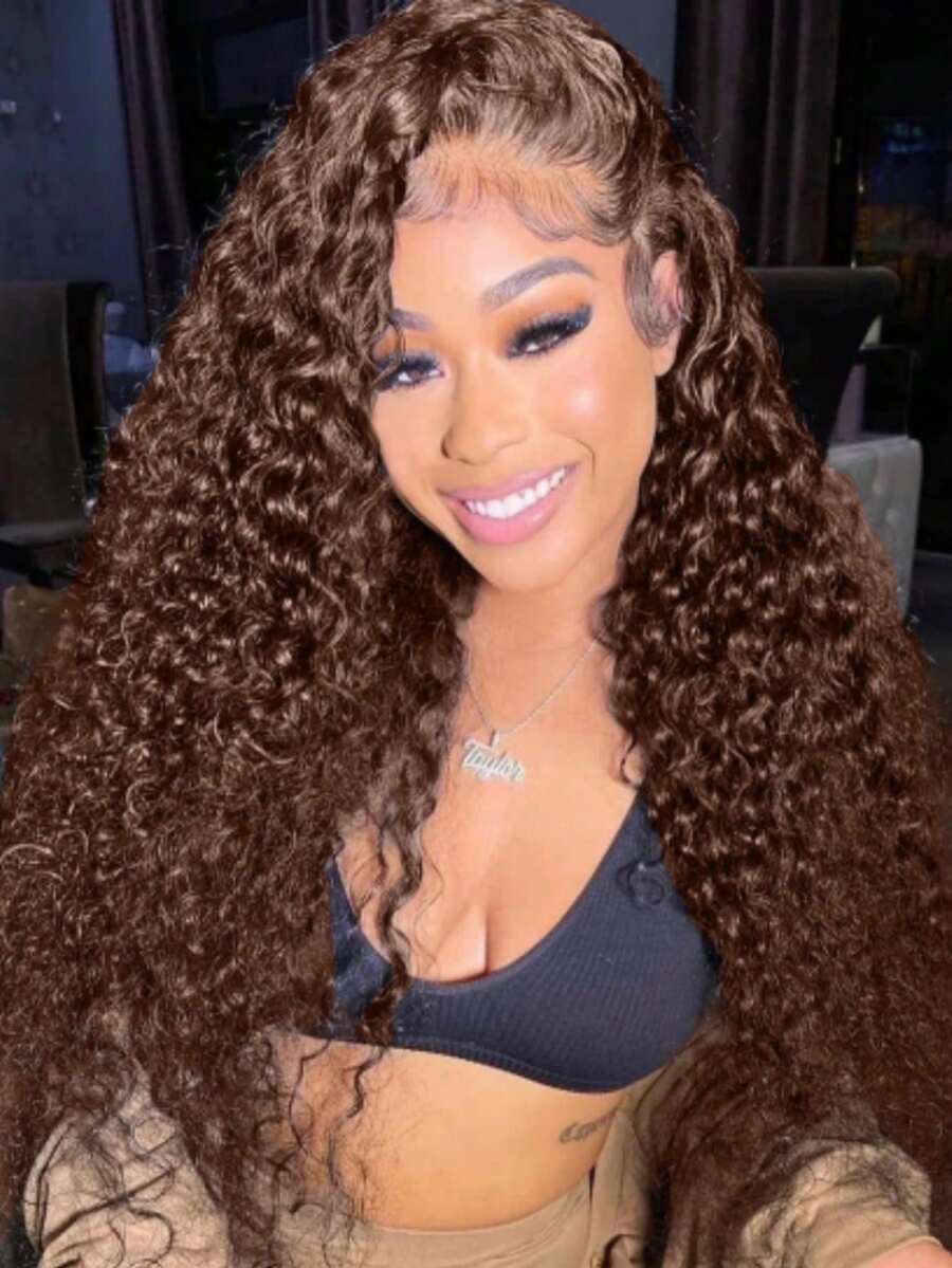 30 Inch Chocolate Brown Deep Wave Lace Front Wigs Human Hair 250 Density 13x6 HD Lace Frontal Wigs Human Hair 100% Curly Human Hair Wig For Women Pre Plucked With Natural Hairline 4# Brown Color - S4 - 查看 1