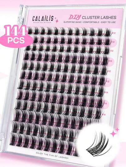 CALAILIS Cluster Lashes, 144Pcs D Curl Lash Clusters DIY Lash Extensions Mega Volume Eyelash Clusters Reusable Wispy Individual Lashes Super Thin Band And Soft (HD19, D-10-16MIX)