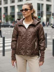 Women's Transitional Season Quilted Coat, Hooded, Straight And Hip-Length Cut, Zip Closure, Quilted Details, Two Side Pockets, Lightweight Padding, Smooth Lining, Non-Removable Hood, Suitable For Everyday Wear. - Brown - View 2