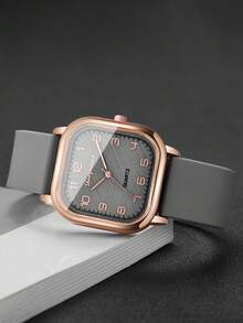 1 Pc Women's Fashion Casual Square Numeric Scale Dial Silicone Band Quartz Wrist Watch, Without Watch Box - Grey - View 6