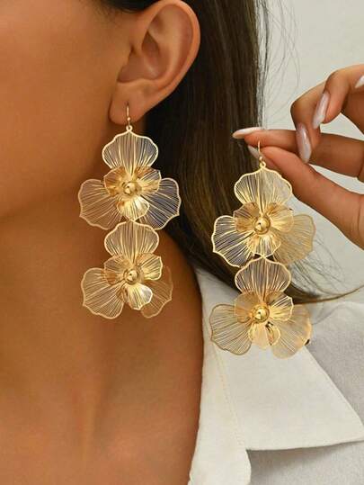 1 Pair Fashion Purple Double-Layer Flower Earrings, Exaggerated Design, Women's Long Multi-Layer Flower Pendant Earrings, Suitable For Valentine's Day, Daily Wear, Mother's Day, Gift