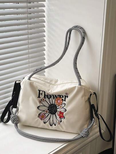 新款休闲单肩斜挎包，大容量多功能尼龙刺绣花卉图案户外运动背包，女士单肩手提包