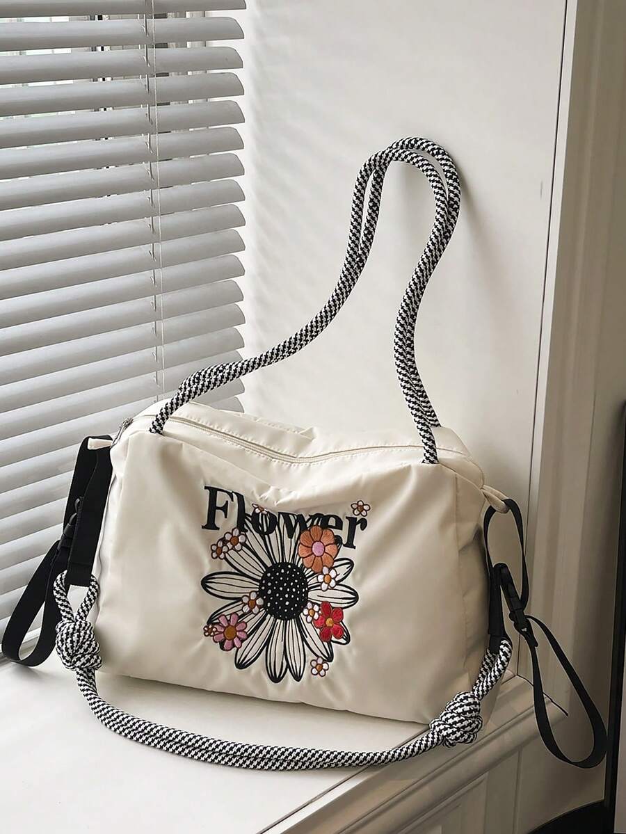 新款休閒單肩斜跨包 大容量百搭尼龍刺繡花卉圖案戶外運動包 女款單肩托特包 - 彩色 - 查看 1