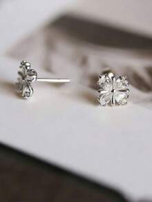 1 Pair S925 Sterling Silver Zirconia Cross Flower Stud Earrings, Elegant Fashion Jewelry Gift For Women, Couples, Friends - Cross Flower 1 - View 5