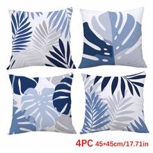 4件套简约蓝灰色热带植物叶子图案抱枕套，单面柔软桃皮绒面料，45*45厘米，适用于家居卧室客厅派对节日装饰，沙发装饰抱枕套，礼品装，不含枕芯 - 彩色 - 查看 11