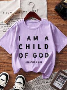 1pc Tween Boys' Slogan Print Short Sleeve T-Shirt, Young Student Casual Summer Top, Daily Wear - Purple - View 3