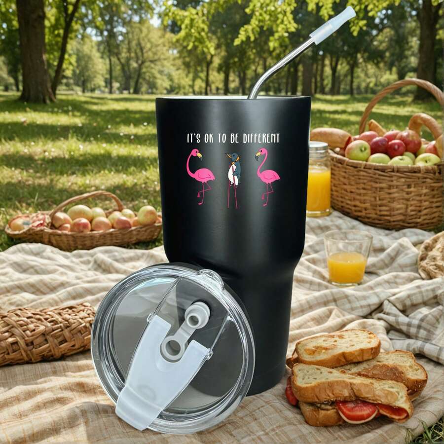 30oz Stainless Steel Tumbler Black White Options, It's Ok To Be Different Flamingo Design Graphic Cups, Insulated Travel Coffee Mug With Lid And Straw , Double Wall Vacuum Reusable Travel Cups, Funny Birthday Party Gift For Women & Men - 黑色 - 查看 1