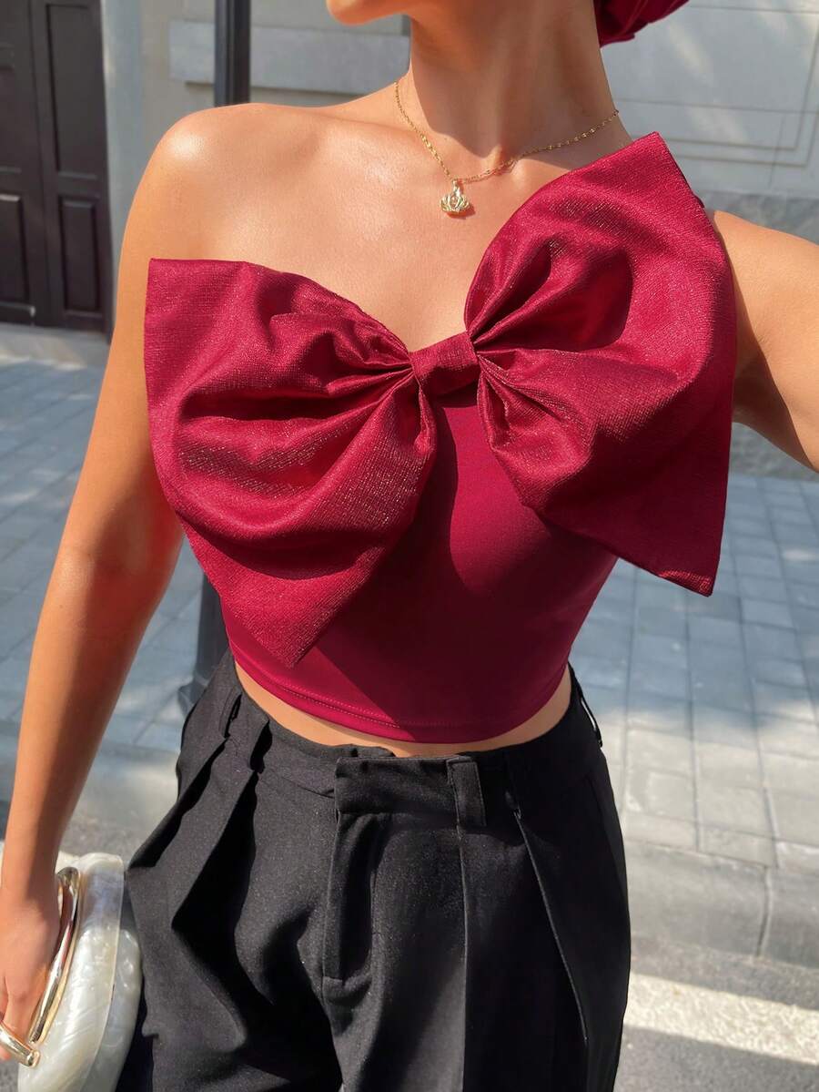 Elegant Bow Decor Women's Summer Top, Suitable For Casual Daily Wear - Burgundy - View 1