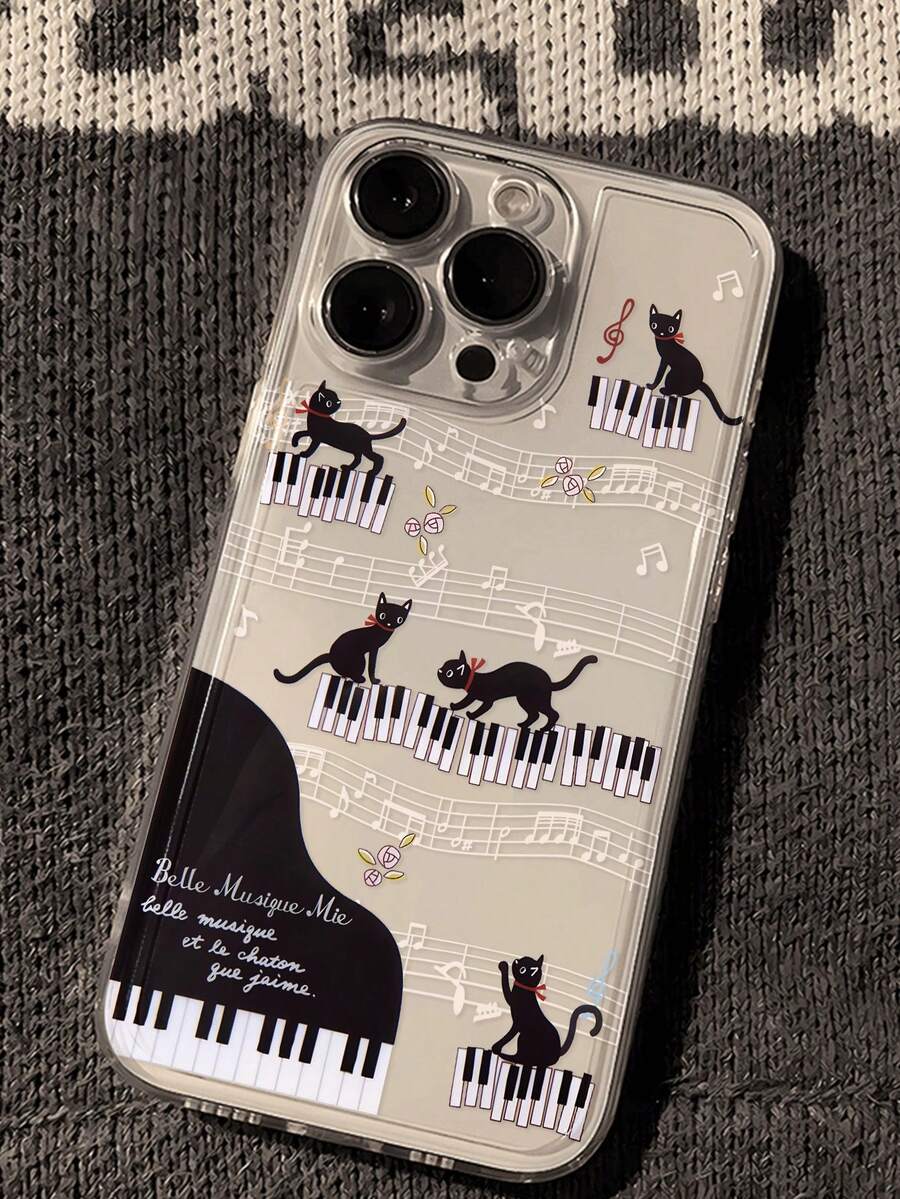 音乐卡通猫透明彩色绘画简约时尚创意防震手机壳，兼容 17/17Pro/17ProMax/16/11/16Pro/16Plus/16ProMax/16E/15ProMax/13/14/12/XS/XR/7G/8P，兼容三星Galaxy S25/S25Plus/S25 Ultra/A16/A36/A26/A56/A50/A12/A32 - 彩色 - 查看 1