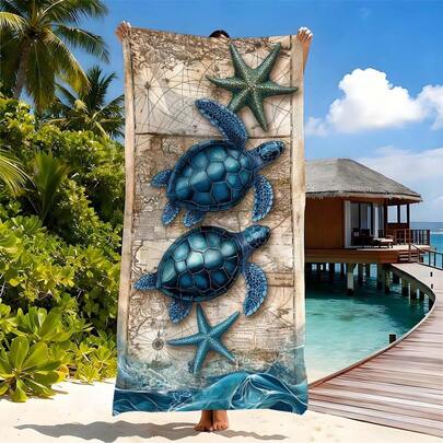 Vintage Nautical Sea Turtle & Starfish Shower Curtain, Waterproof Bathroom Curtain, Cruise Essentials, Beach Towel, Beach Must-Haves, Women's Beach Accessories, Vacation Essentials, Coastal Ocean Style, Washable With Hooks For Beach Cruise Bathroom