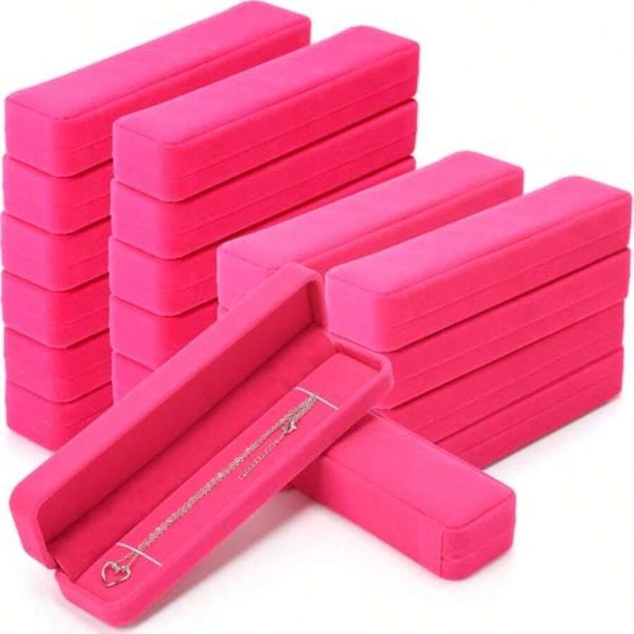 Batiyeer - 24 pulseras de terciopelo caja de joyería a granel cadena de collar y pulsera estuche de almacenamiento largo para joyería para Navidad con colgante de boda 8.86 x 2.13 x 1.38 pulgadas - Rosa brillante - Ver 1