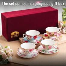Brew To A Tea - Tazas de té y platillos florales con caja de regalo 4 tazas de té de porcelana de alta calidad 8 onzas cada una - Multicolor con caja de regalo - Ver 4