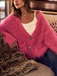 Womens Casual Cardigan Chic Fuzzy Textured Knit Button Front Long Sleeve V Neck Hot Pink - 粉紅色 - 查看 5