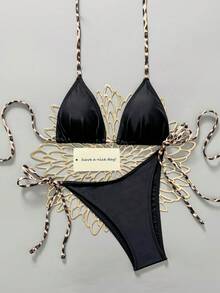 2pcs Black Nylon Leopard Print Sexy Swimsuit Set For Women Beach Wear - Multicolor - View 1