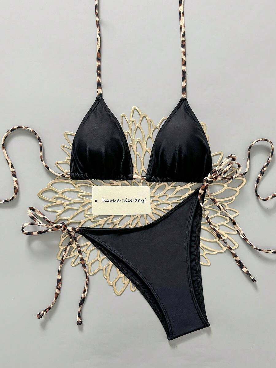 2pcs Black Nylon Leopard Print Sexy Swimsuit Set For Women Beach Wear - Multicolor - View 1