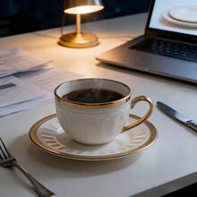 6pcs Luxury Arabian Nights Coffee Cup & Saucer Set, White Ceramic With Hand-Applied Gold Trim & Embossed Pattern, Elegant Tableware For Ramadan Kareem Iftar, Eid Celebrations & Traditional Oahwa Serving, Saucer Dia 14cm/5.51inch - Multicolor - View 3