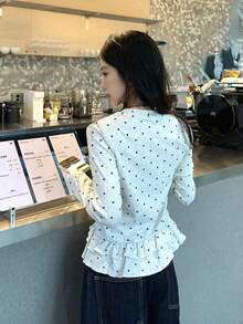 Korean Style Minimalist Sweet Polka Dot Round Neck Ruffle Hem Long Sleeve Top For Women Casual Spring - Grey - View 3