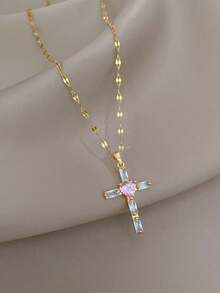 1件简约个性化全镶钻十字架粉色爱心吊坠项链，奢华优雅晚装 - 金色 - 查看 4