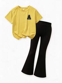 2pcs Tween Girl Letter A Print Short Sleeve T-Shirt And Flare Pants Set, Soft And Machine Washable, Spring/Summer - Yellow - View 2