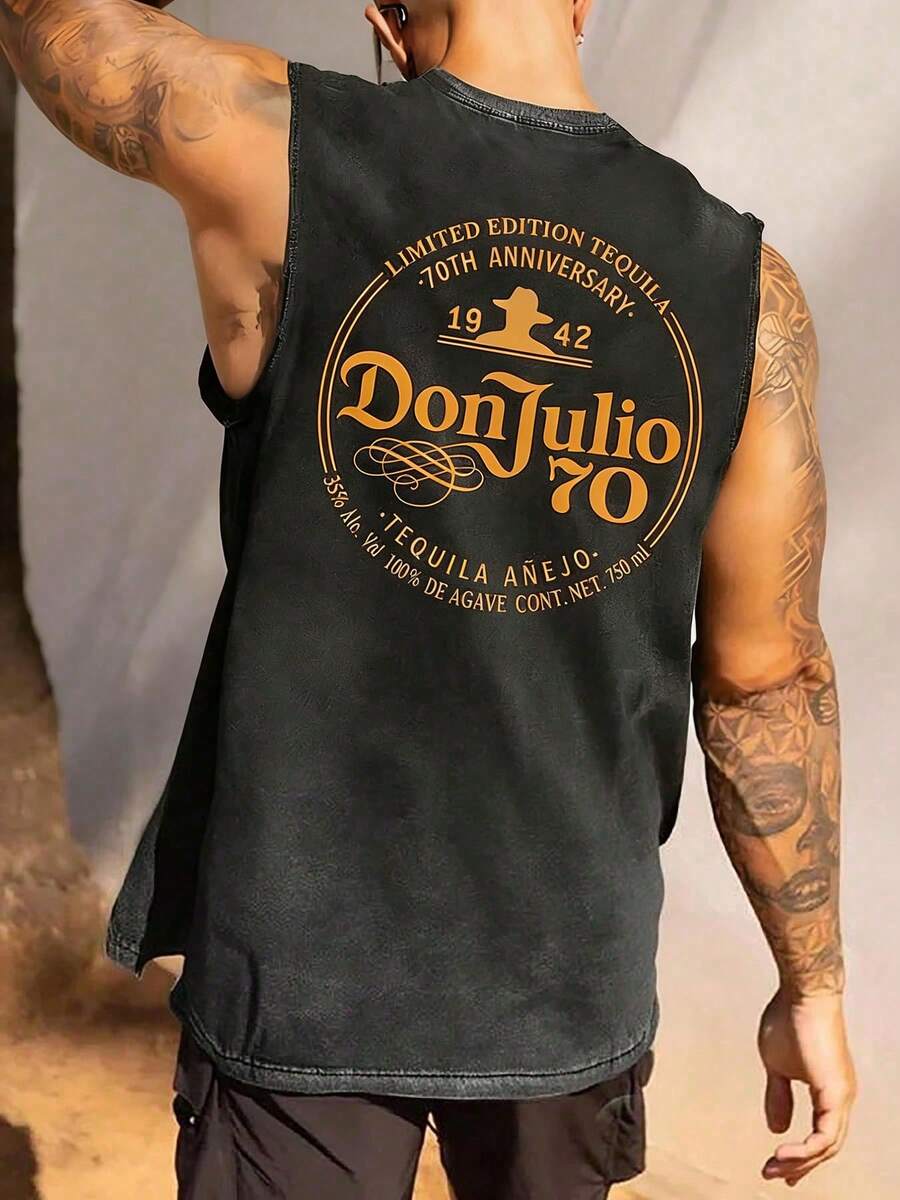 Don Julio 70th Anniversary Tequila Commemorative Vintage Washed Tank Top100% Cotton Vintage Washed Sleeveless Tank Top, Men's Crew Neck Vest, Perfect For Daily Streetwear In Summer, Ideal Choice For Holiday Gifts. - màu đen - Xem 1
