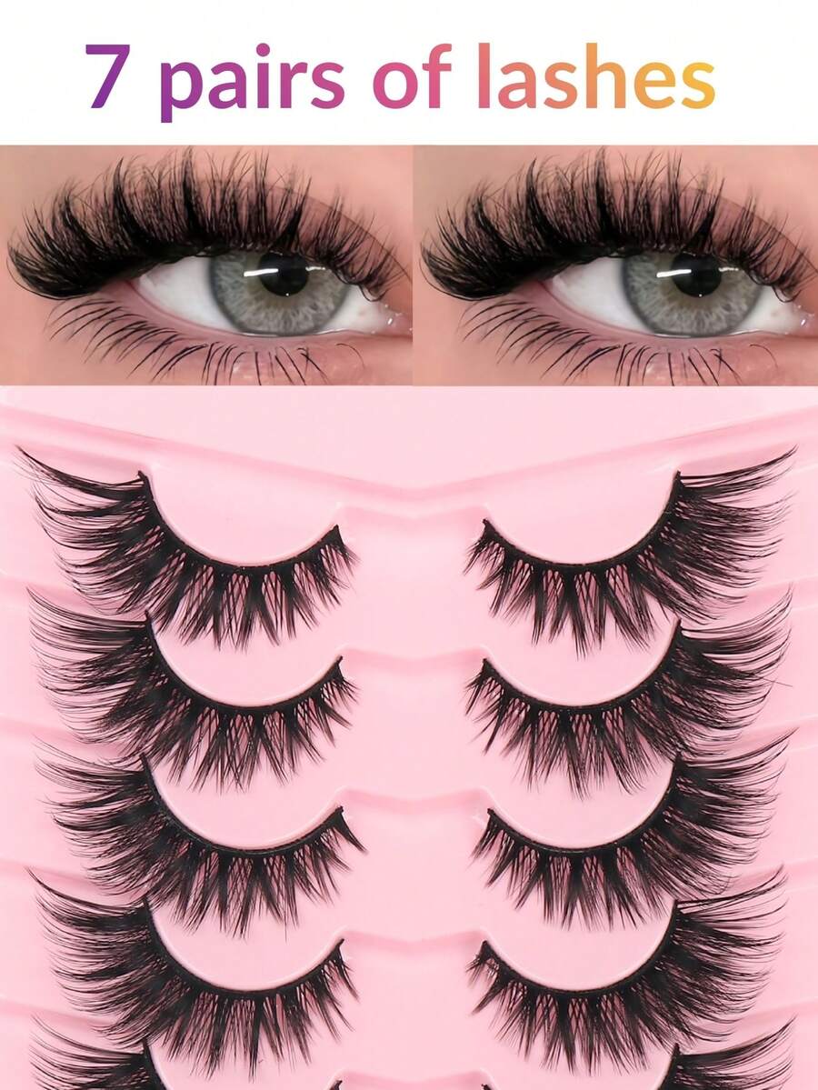 7 Pairs Cross-Border 3D Cat Eye False Eyelashes, European And American Thick Style, D Curl Degree Stereoscopic Curling Long-Lasting, 6-18mm Mixed Length Design, Layered And Full, Easy To Create Hybrid Big Eye Makeup Effect.