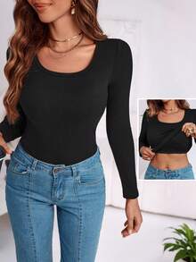 ChicMe 女士内置胸罩 U 领长袖罗纹衬衫 经典时尚休闲办公街头风上衣 黑色 - 黑色 - 查看 4