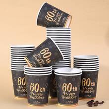 10/20/40/60pcs Set, Black & Gold 60th Birthday Party Paper Cups, 9oz Disposable Paper Cups With "Happy 60th Anniversary" Theme In Gold & Black, Unisex, Suitable For Cold/Hot Beverages, Applicable For Wedding Anniversary And Other Occasions - 60 Years Old - View 5