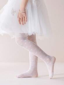 1pc Girls/Kids Hollow Breathable Pantyhose, Fashionable Casual Heart Pattern White Mesh Stockings, Personalized Soft Comfortable Thin Leggings Suitable For Daily Wear, Party, Travel, Performance - White - View 4
