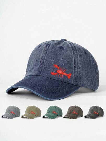 1pc Outdoor Printed Lobster Washed Baseball Cap, Adjustable Sun Protection Casual Hat Suitable For Spring/Autumn Travel, Versatile Sunshade Hat For Men, Y2K Style Young Adult