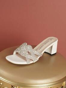 Teenagers' Sparkling Rhinestone White High Heel Sandals, Open Toe Chunky Heel Mules, Suitable For Graduation Prom, Vacation, Social Occasions - White - View 8
