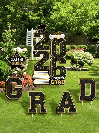 Bộ trang trí tốt nghiệp năm 2026, biển hiệu tốt nghiệp năm 2026 đặt ngoài trời, bộ 7 món màu đen vàng, biển hiệu chúc mừng tốt nghiệp năm 2026 kèm chân đế, thích hợp cho tiệc tốt nghiệp trung học và đại học, sử dụng ngoài trời cỡ lớn (đen vàng)