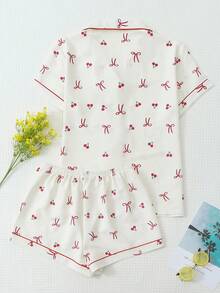 两件套女士睡衣套装，樱花蝴蝶结印花翻领纽扣上衣和蝴蝶结短裤，家居服和休闲服 - 杏色 - 查看 2