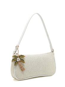 1pc Straw & PU Leather Combination Minimalist Versatile Small Shoulder/Underarm Bag, Stylish Baguette Woven Bag For Women - Beige - View 2