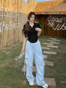 Women's Y2K Minimalist Solid Black Fitted Waist Sweet Sexy Versatile Collared Short Sleeve Top T-Shirt, Spring/Summer - Black - View 4