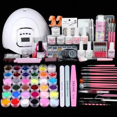  Saviland Acrylic Nail Kit For Beginners: Keratin Acrylic Powder Castor Oil Vitamin E Gel Nail Polish Primer 180W Nail Lamp Nail Drill Full Tools Everything Home Starters