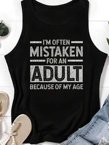 Women's Funny Sarcastic Sleeveless Tank Top With "I'm Often Mistaken For An Adult" Print - Black & White Lettering, Round Neck Casual  Shirt For Casual Attire, Parties, All-Season Outfits (Machine Washable) - 黑色 - 查看 1