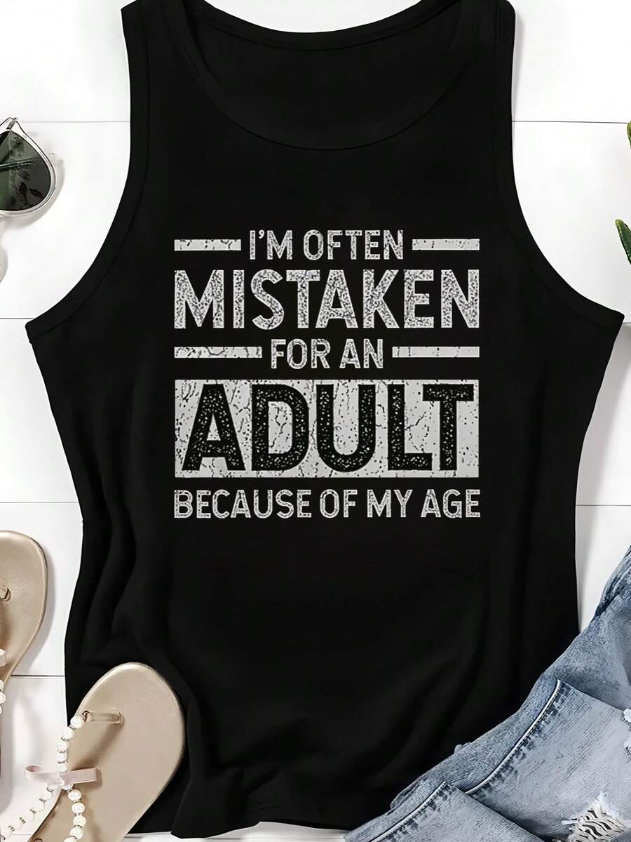 Women's Funny Sarcastic Sleeveless Tank Top With "I'm Often Mistaken For An Adult" Print - Black & White Lettering, Round Neck Casual  Shirt For Casual Attire, Parties, All-Season Outfits (Machine Washable) - 黑色 - 查看 1