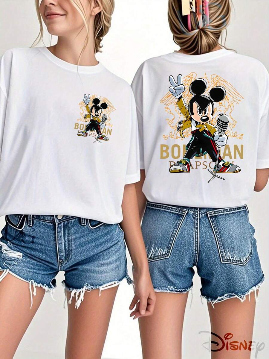 Disney Official Licensed, Mickey Mouse, , Collab, Double-Sided Print, 100% Cotton, Crew Neck T-Shirt,  Rock Style, Streetwear, Casual Wear, Spring & Summer Top, Disney Merch, Fan Collectible - 白色 - 查看 1